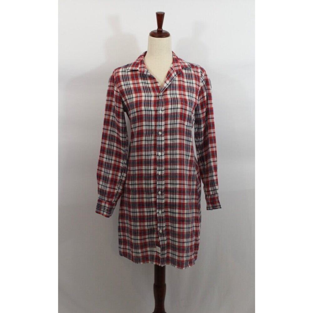 FRANK & EILEEN Sz XS Murphy Red Navy Plaid Shirt Dress Linen